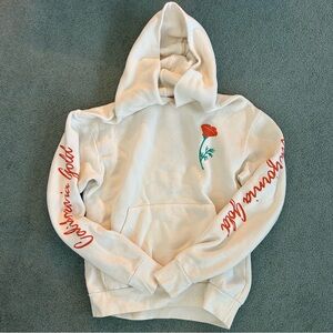 Ivory Hoodie Sweatshirt with California Poppy and Script Sleeve